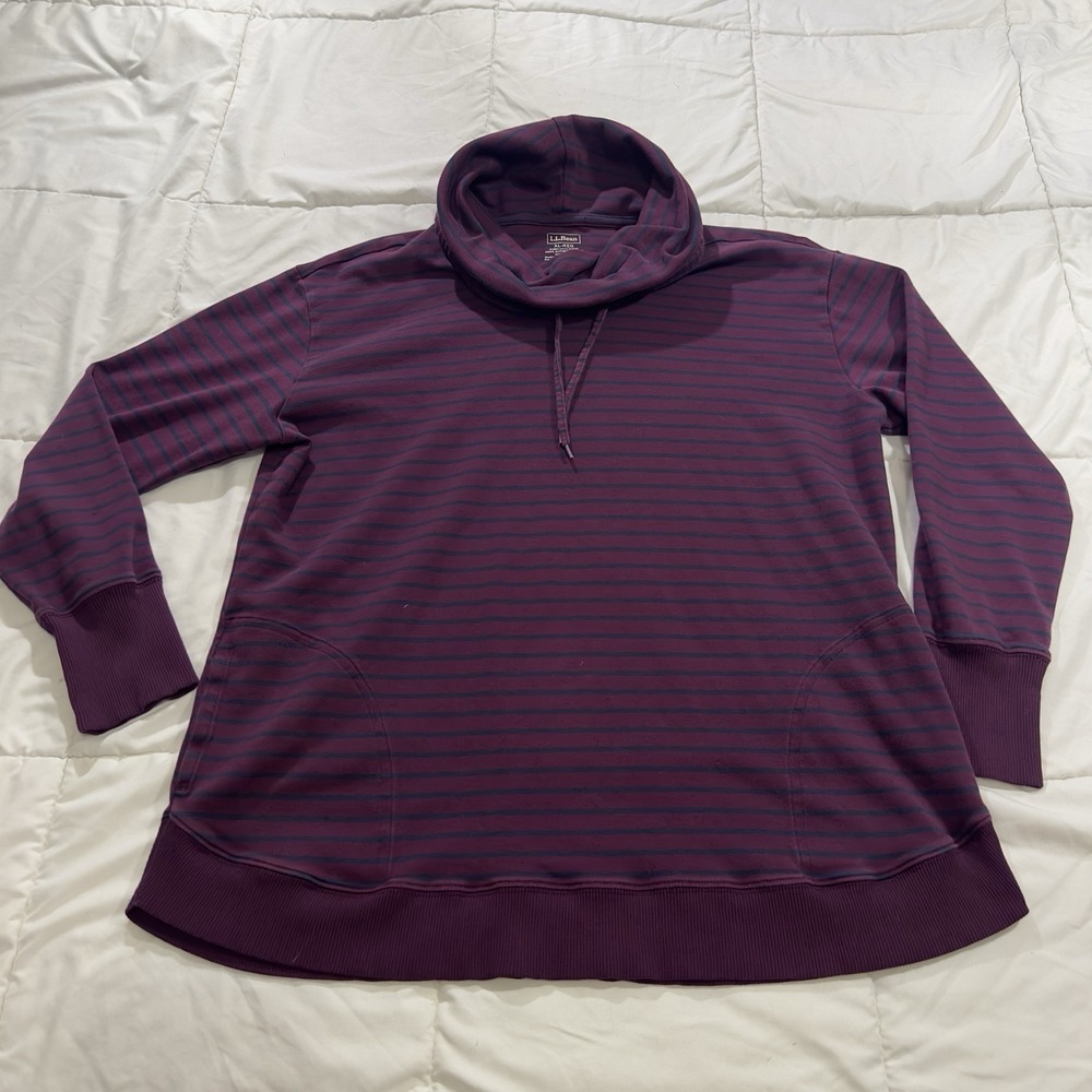L. L. Bean Cowl Neck Pullover XL Reg 100% Supima Cotton Maroon Blue Striped